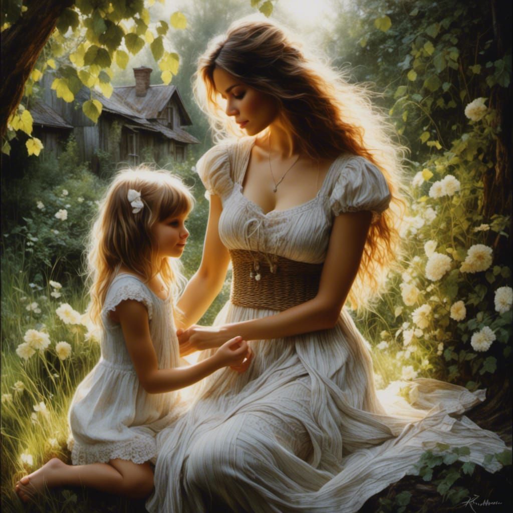Mother and Daughter Playing, Hyperrealistic Painting