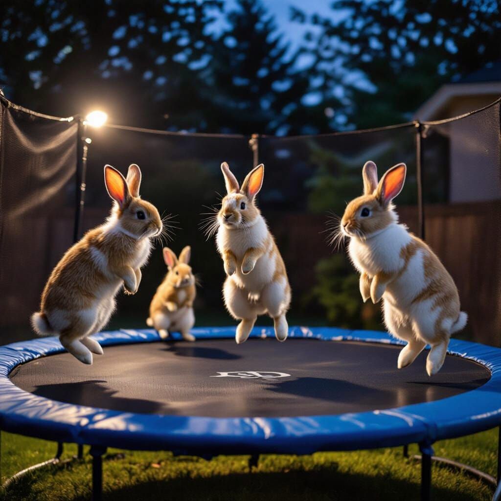 Bunnies Leap High on Trampoline at Night