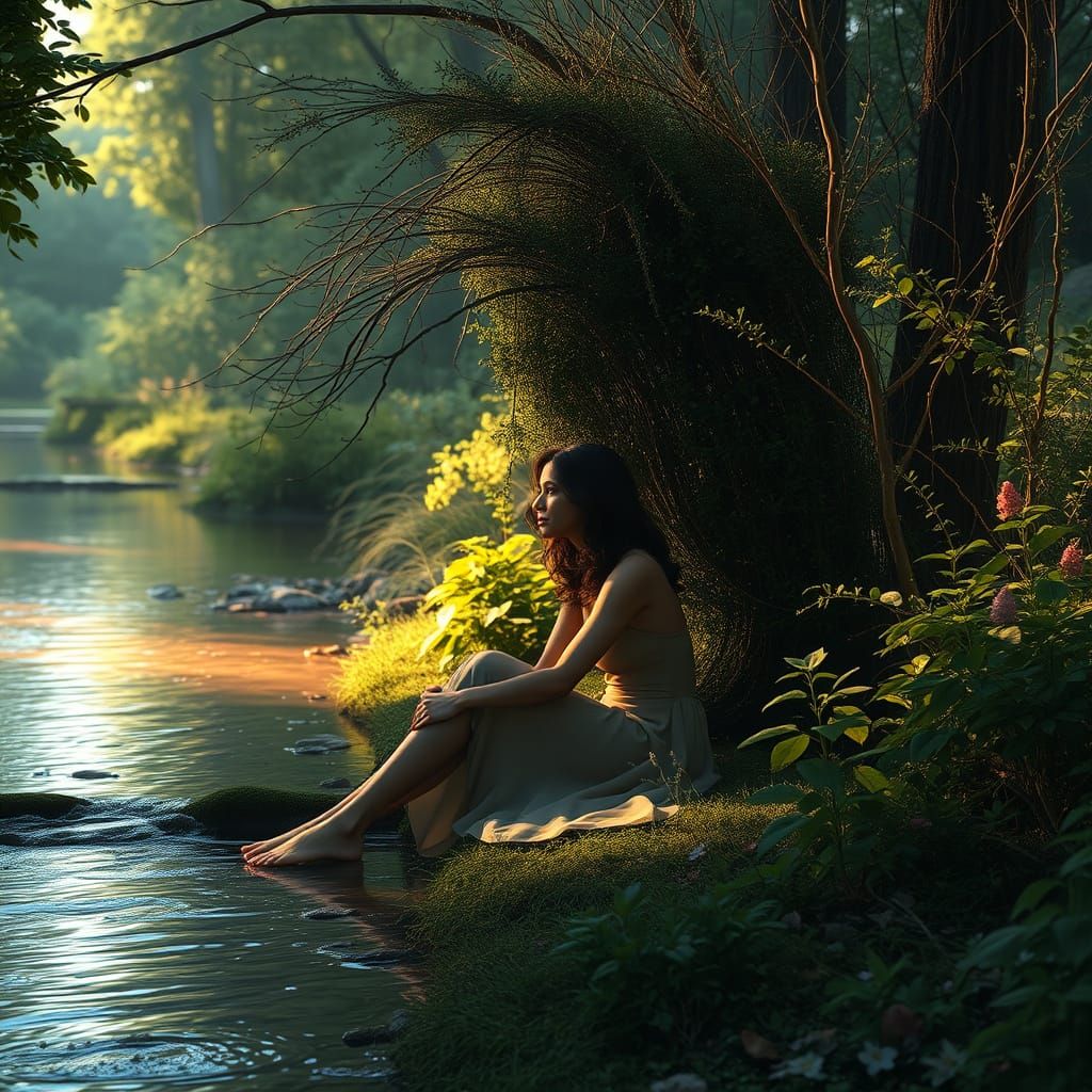 A Serene Woman Surrounded by Lush Foliage in a Tranquil Fore...