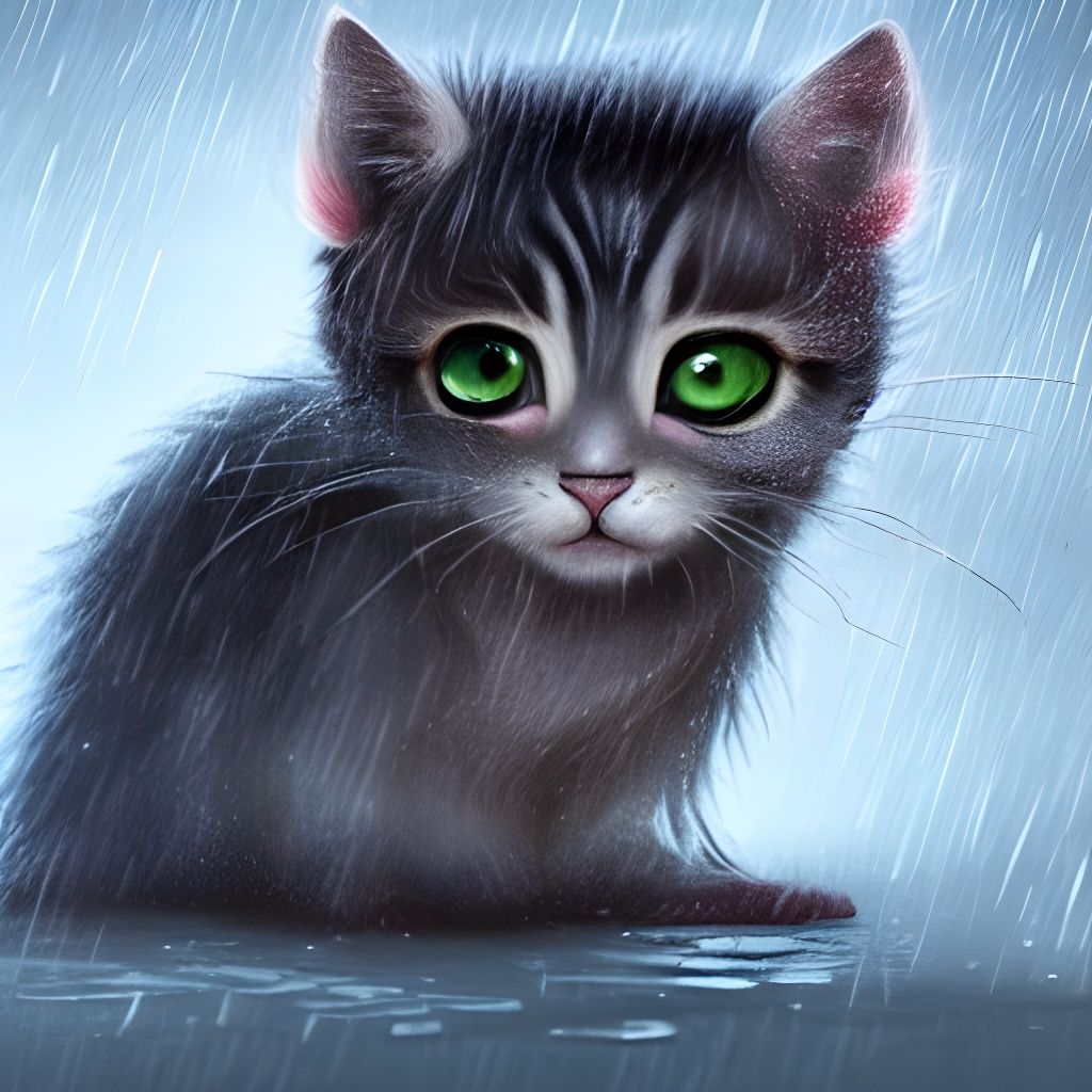 Desolate Kitten in Rain, Hyperdetailed Concept Art