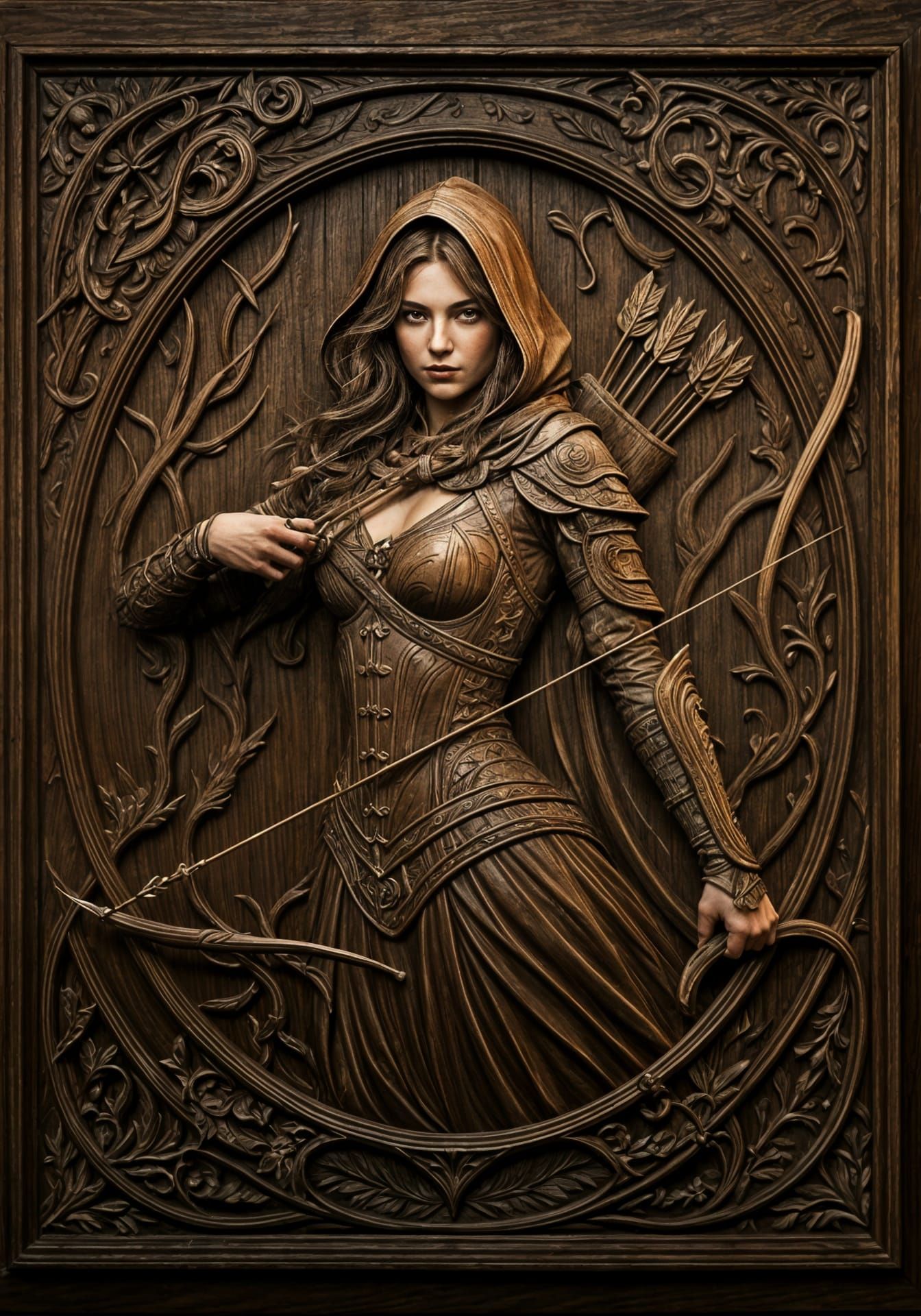 Gothic Wood Sculpture of Female Archer