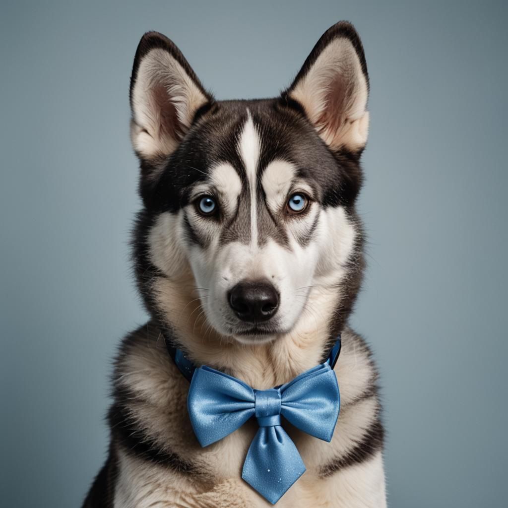 Husky Portrait with Blue Bow Tie, Photorealistic Style