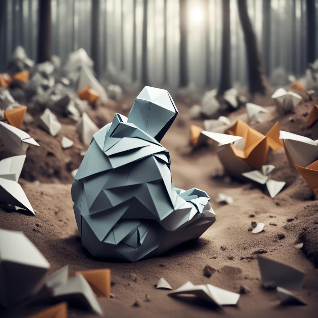 Lonely Last Human on Earth in Origami Style
