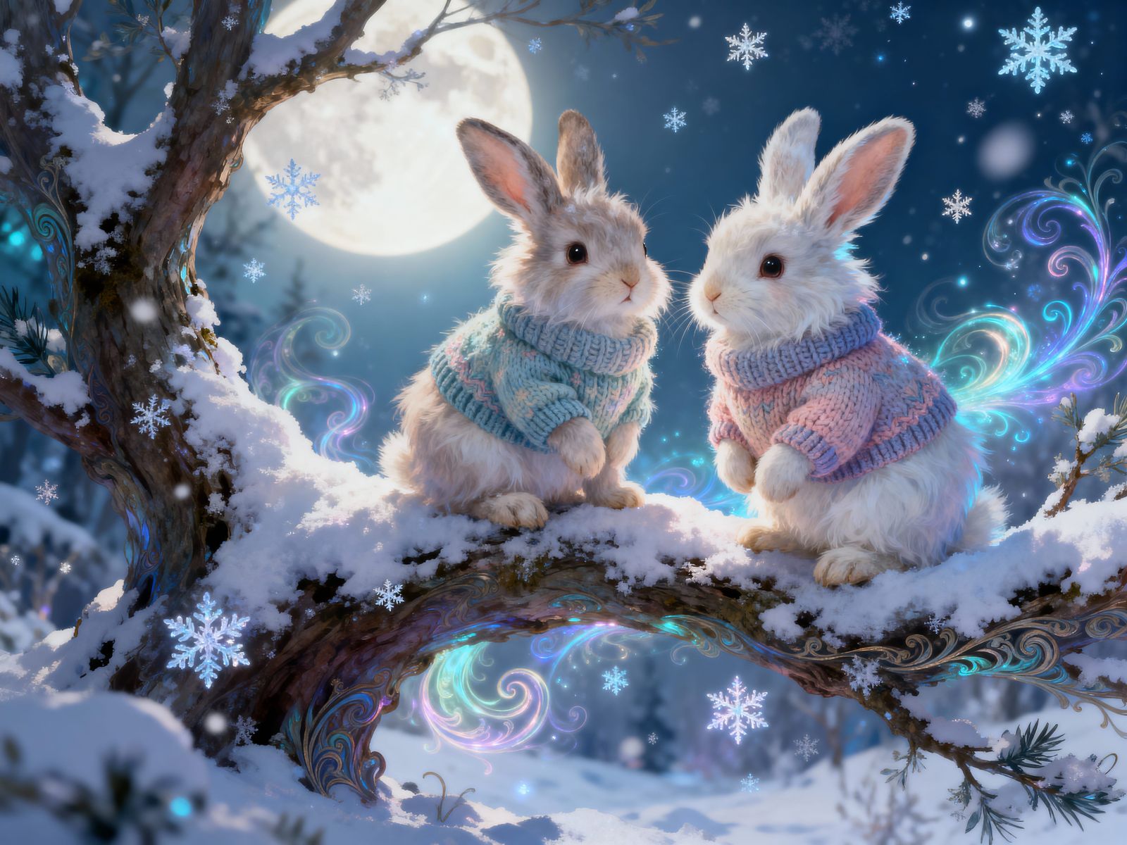 Fluffy Bunny Couple in Snowy Wonderland, Digital Art