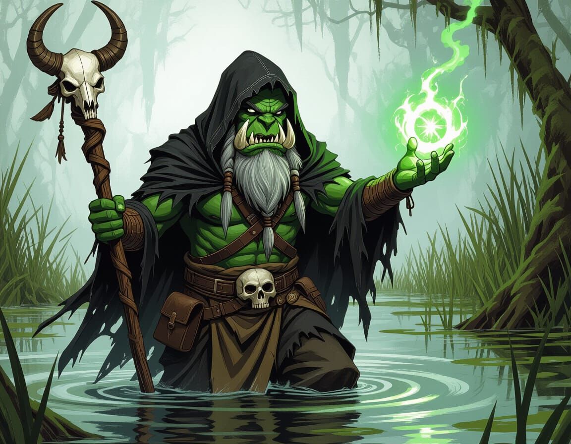 Tribal Orc Shaman Casting Spell in Murky Swamp