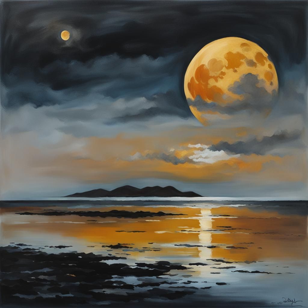 Whisky Clouds Reflect on Calm Ochre Moonlight