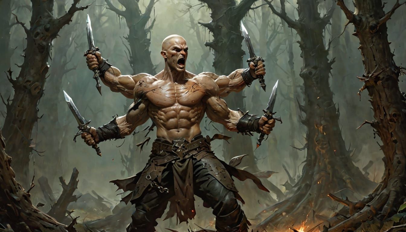 Mighty Four-Armed Warrior Stands Fierce in Desolate Forest