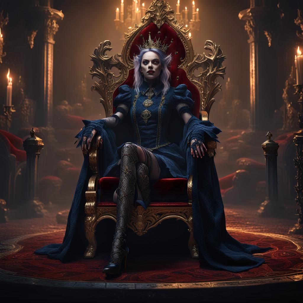 Gothic Vampire Queen on Velvet Throne in Dark Fantasy