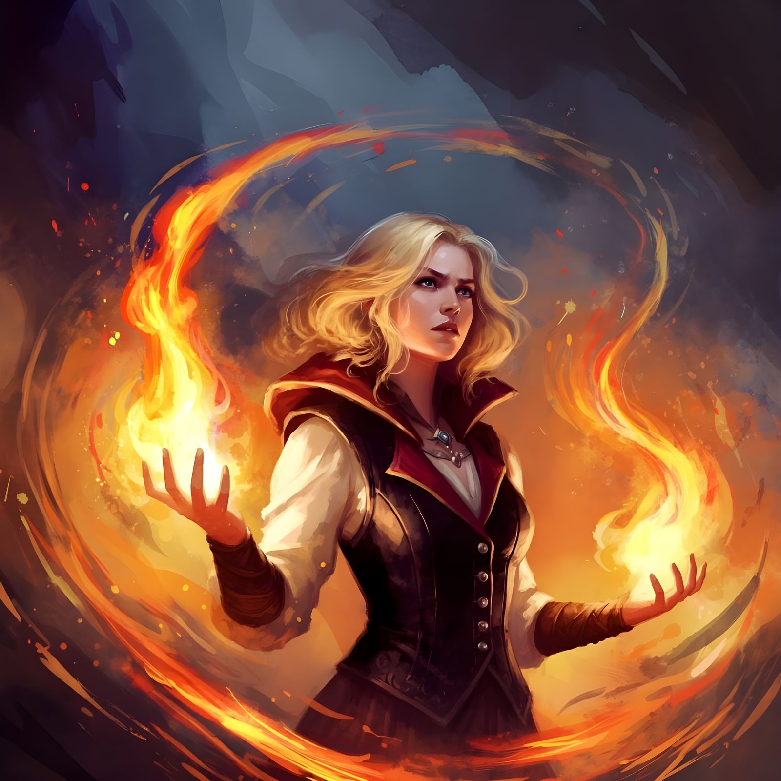 Mystical Fire Sorceress in Ink Drawing Style