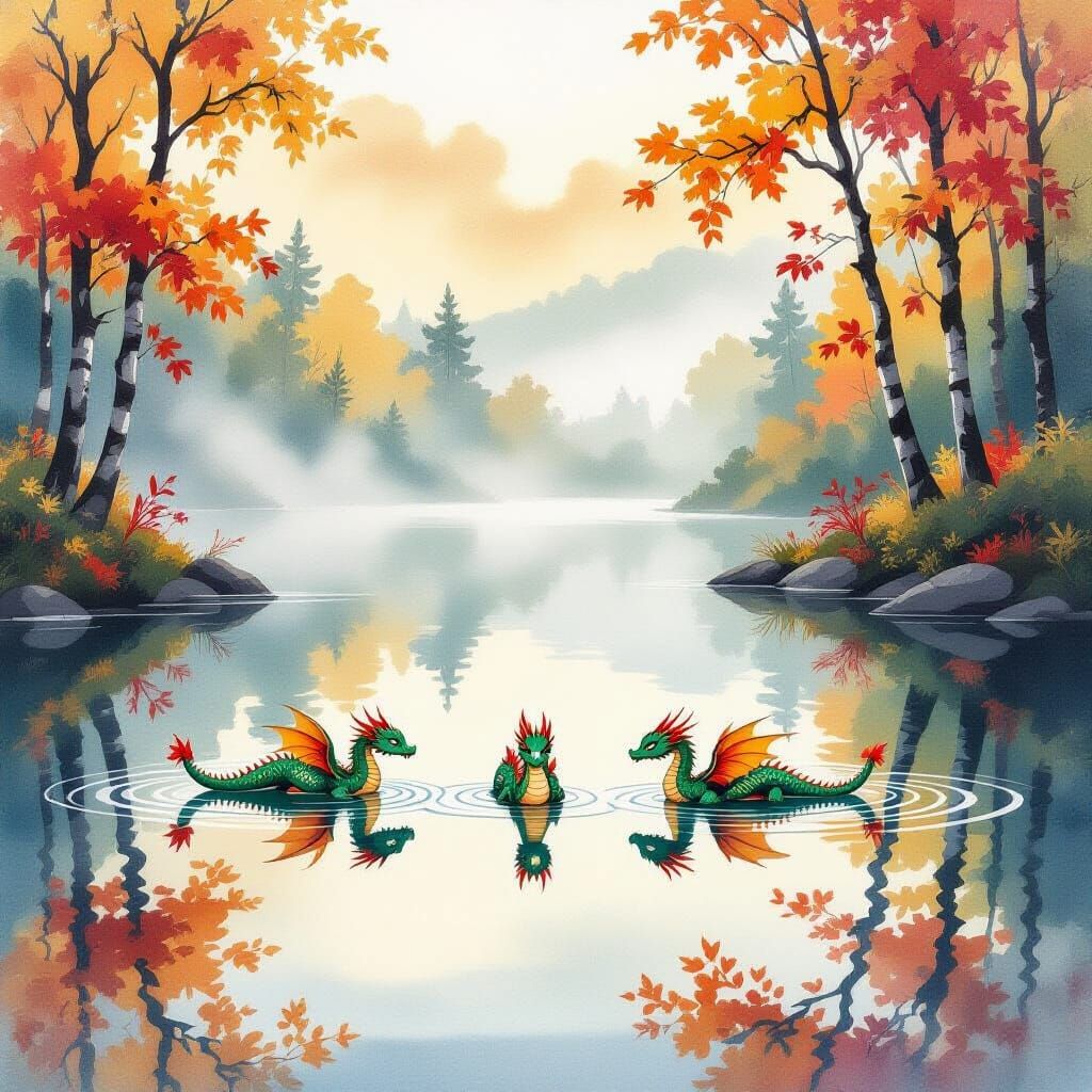 Misty Autumn Lake with Jeweled Dragons in Watercolour Style