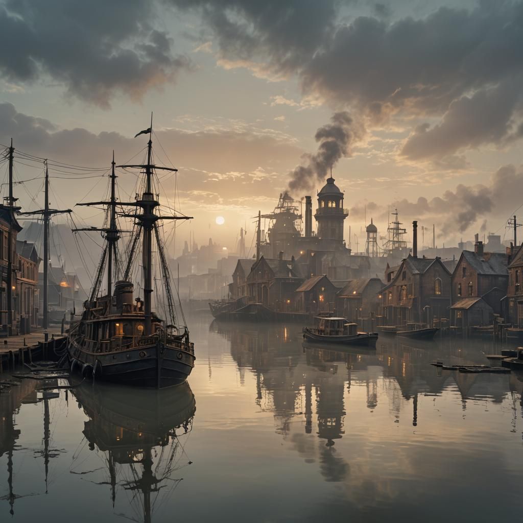 Victorian Steampunk Dockside at Dusk