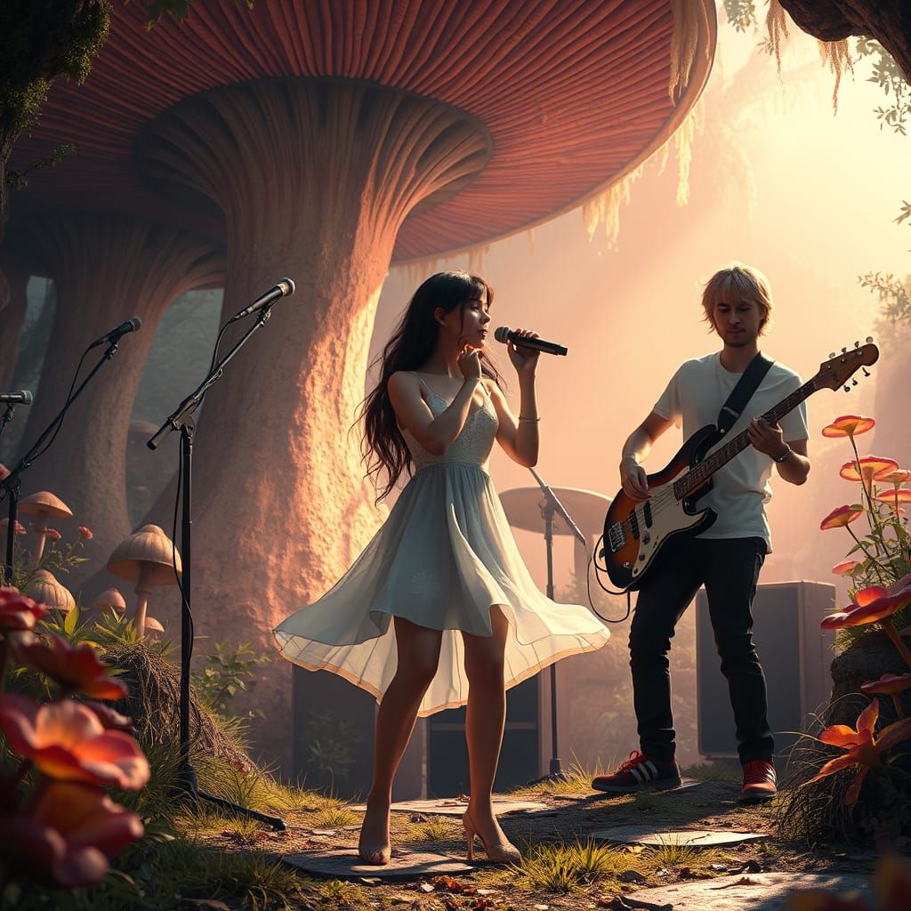 Mystic Mushroom Concert Scene in Retro-Futuristic Style