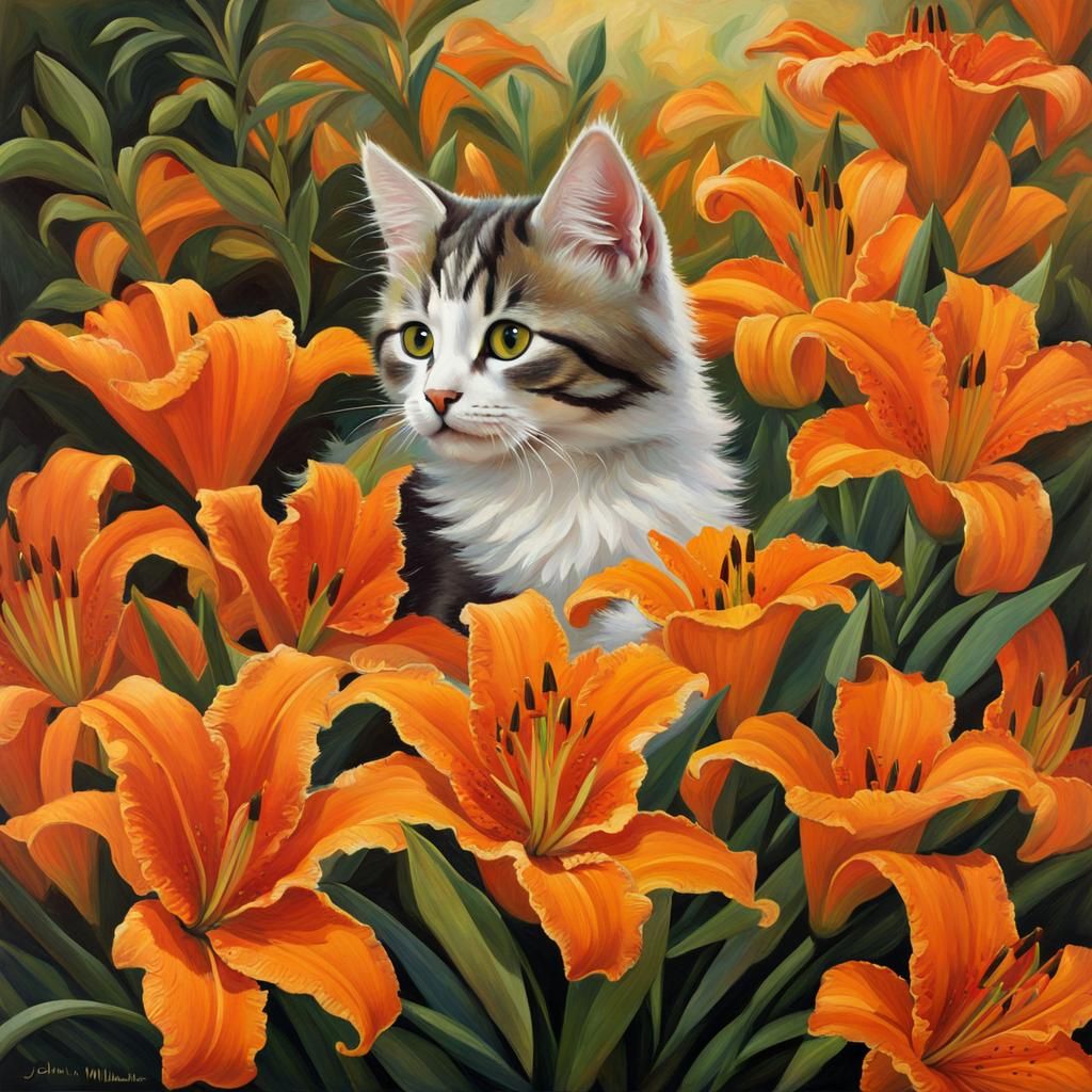 Fluffy Kitten in Lily Garden, Pre-Raphaelite Style