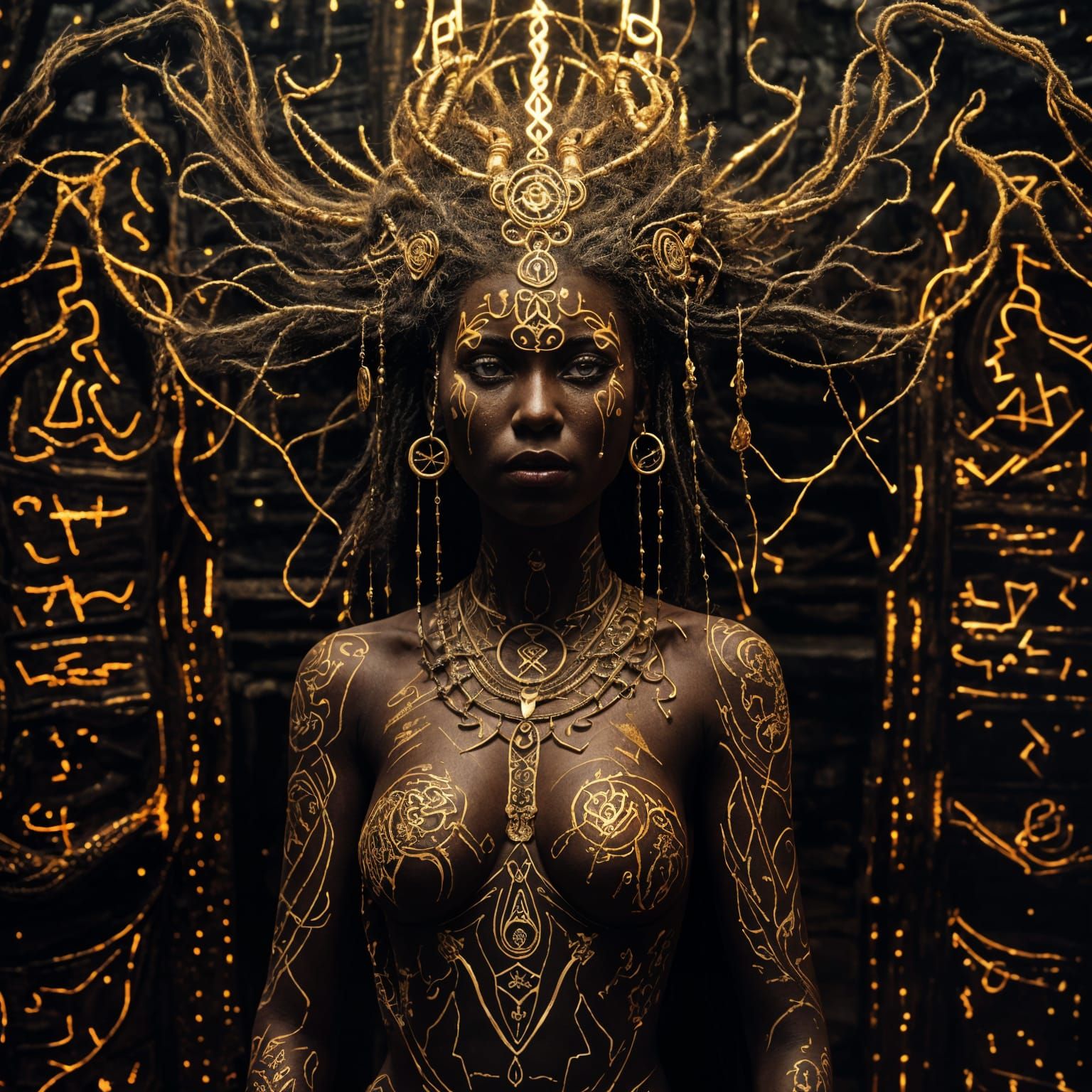 Golden Voodoo Priestess Portrait with Runes