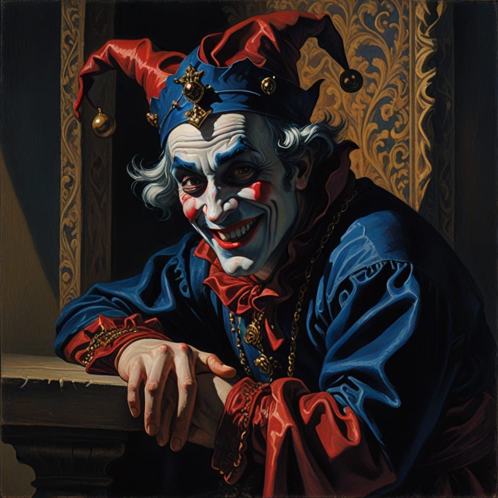 Mischievous Jester in Shadowed Cradle Oil Painting