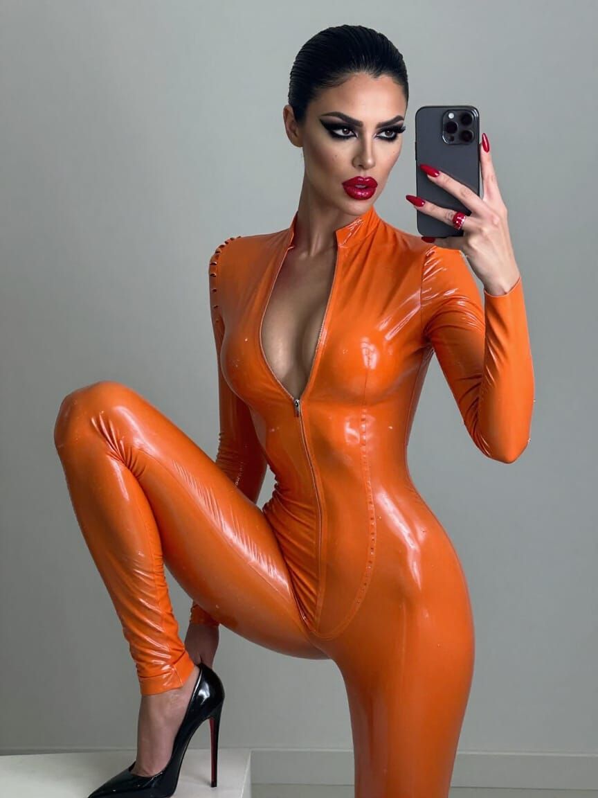 Woman in Orange Latex Catsuit in Mirror Selfie