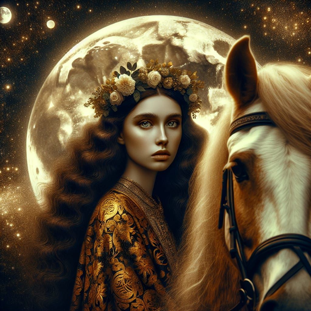 Celtic Goddess Rhiannon on White Horse Under Moonlight