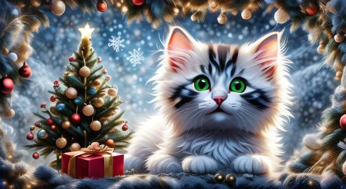 Christmas Kitten in Vibrant Holiday Scene