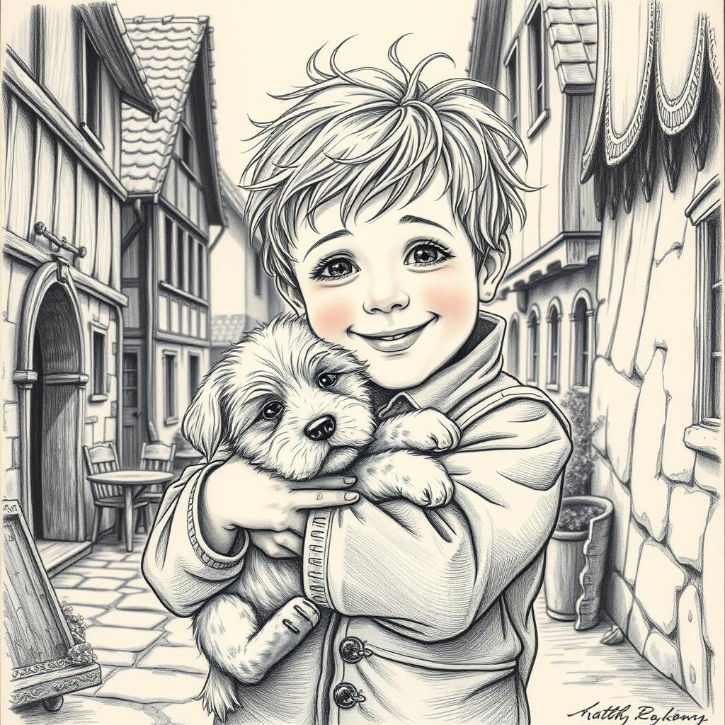 Boy and Puppy Embrace: Pencil Line Art