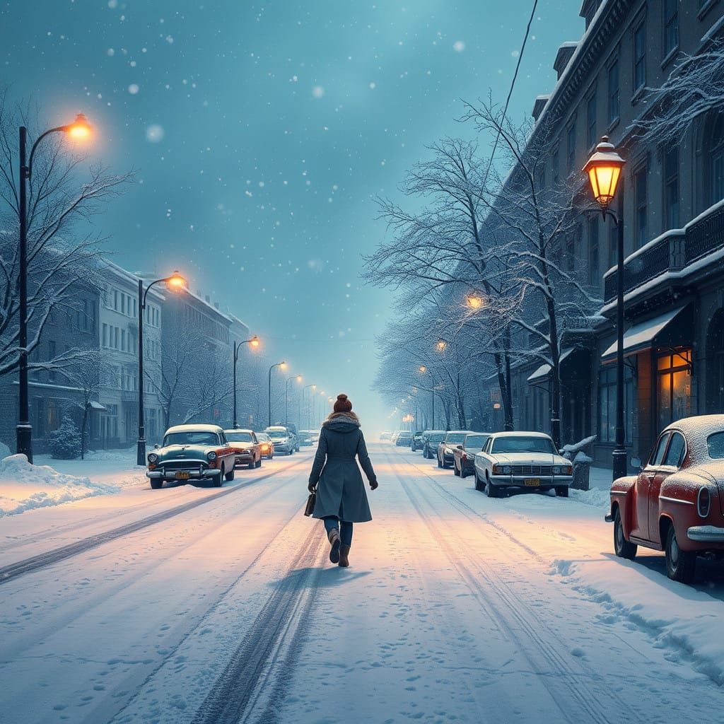 Winter Wonderland Scene with Cozy Couple Walking Hand in Han...