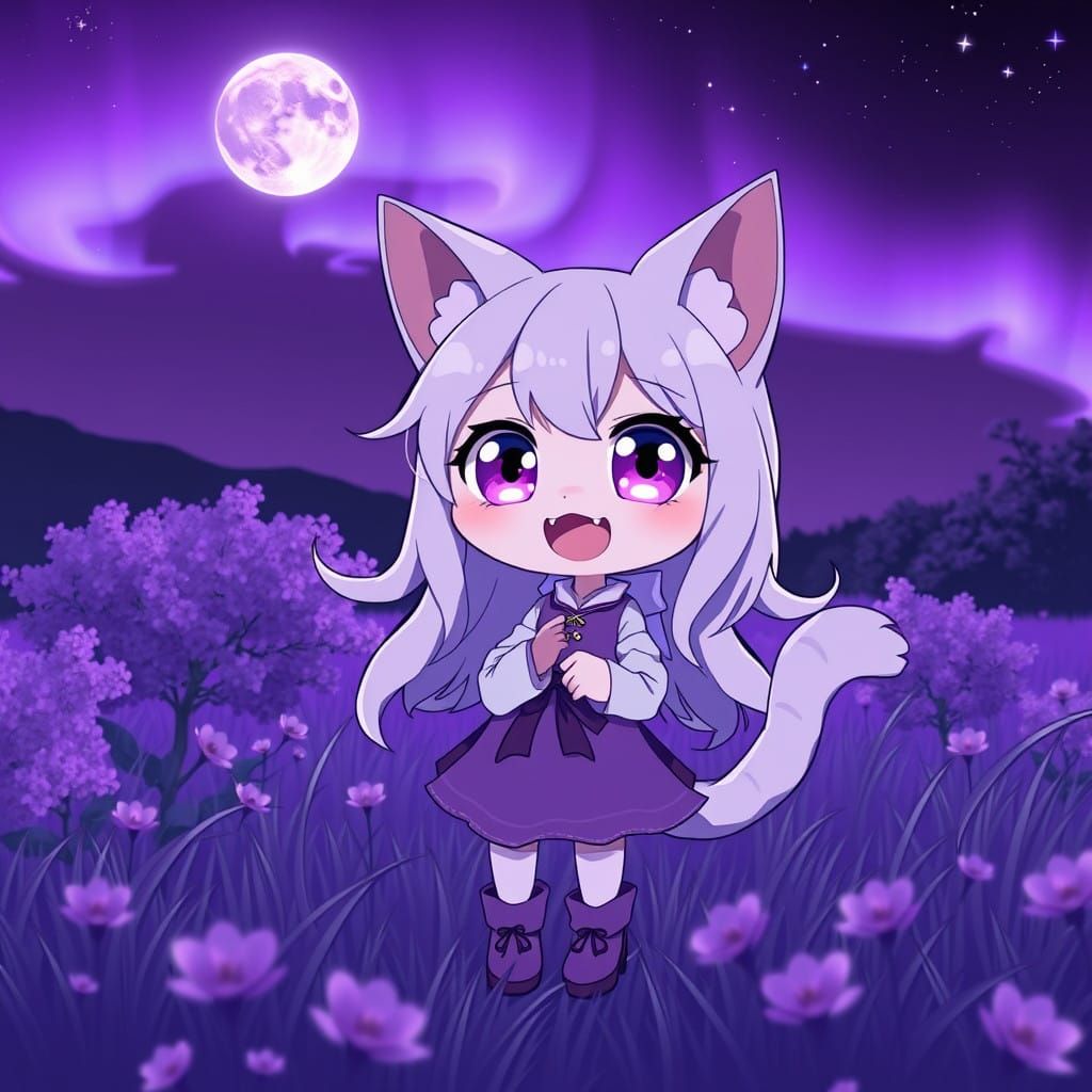 Whimsical Purple Catgirl Under the Glowing Night Skies