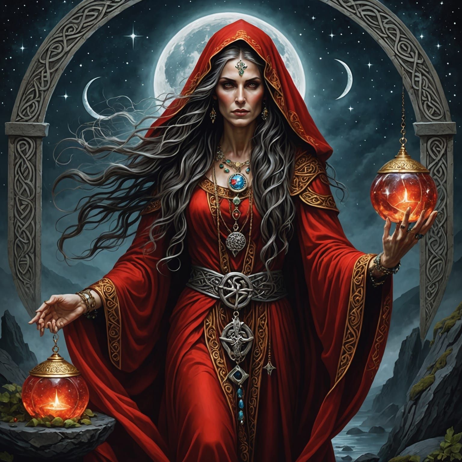 Celtic Druid Reaper with Woman at Altar