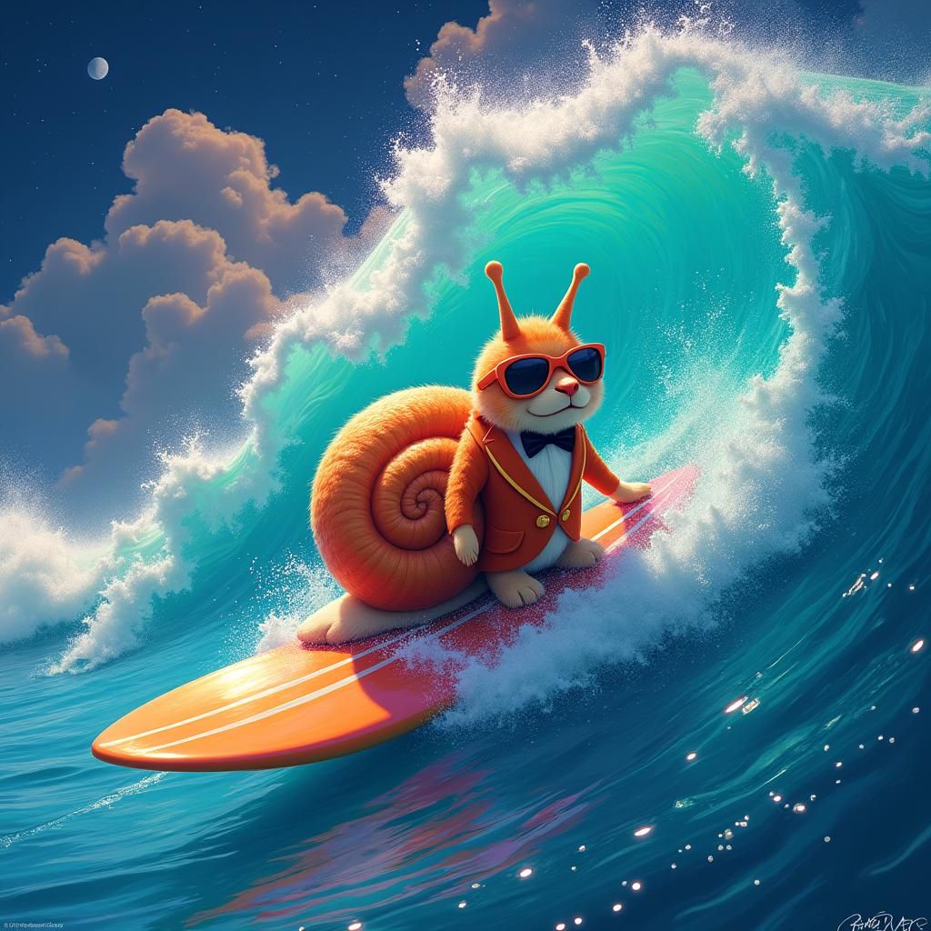 Surreal Snail Surfer Rides a Neon Wave