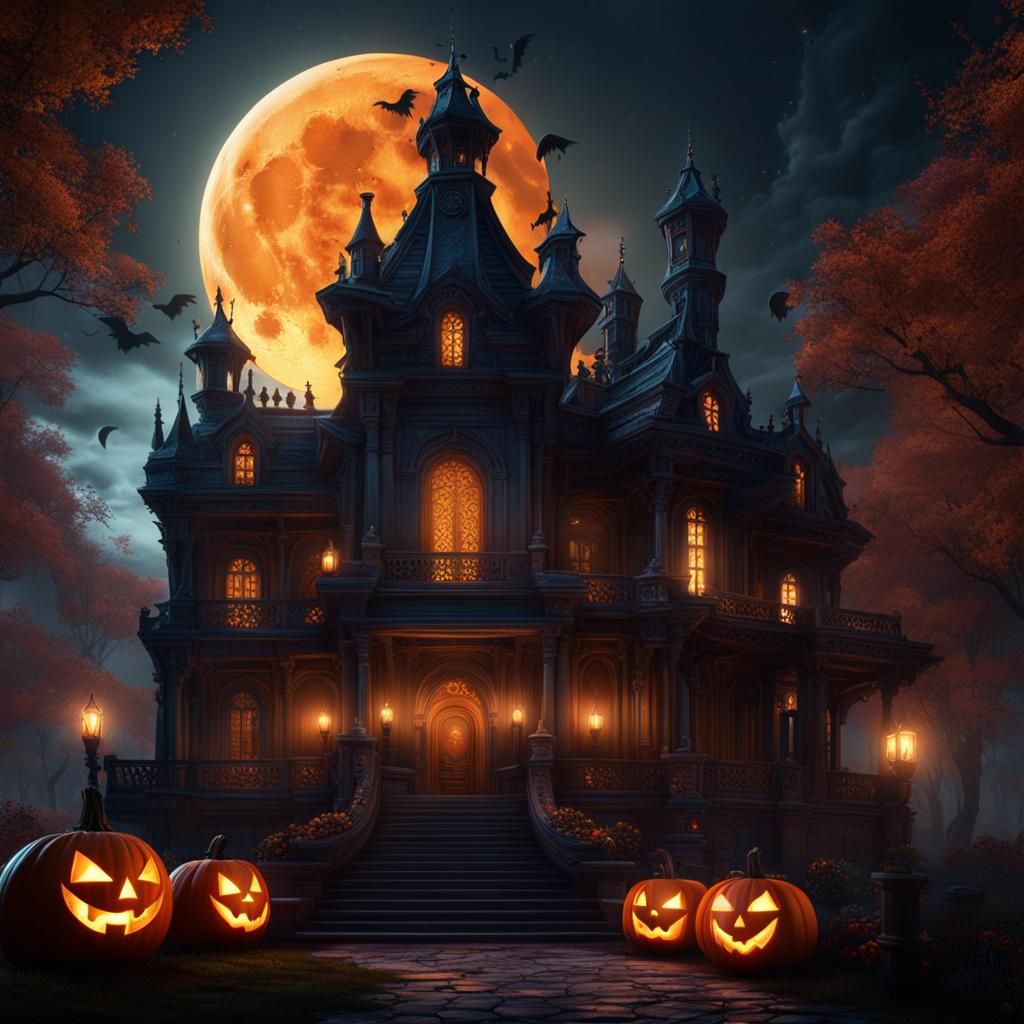 Witches' Celebration at Haunted Mansion, Dark Fantasy Art