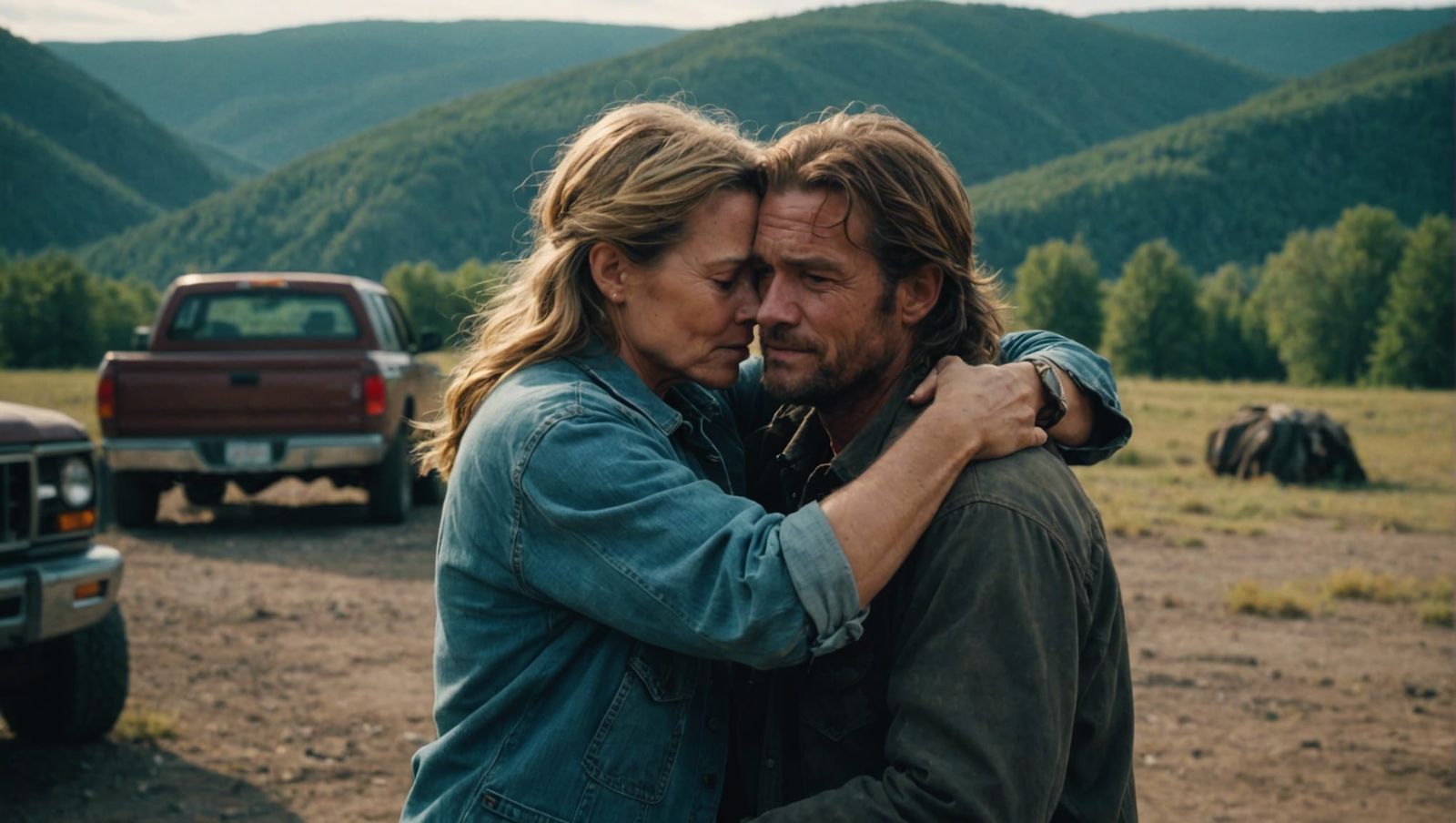 Hillbillies Hugging in Cinematic Film Still
