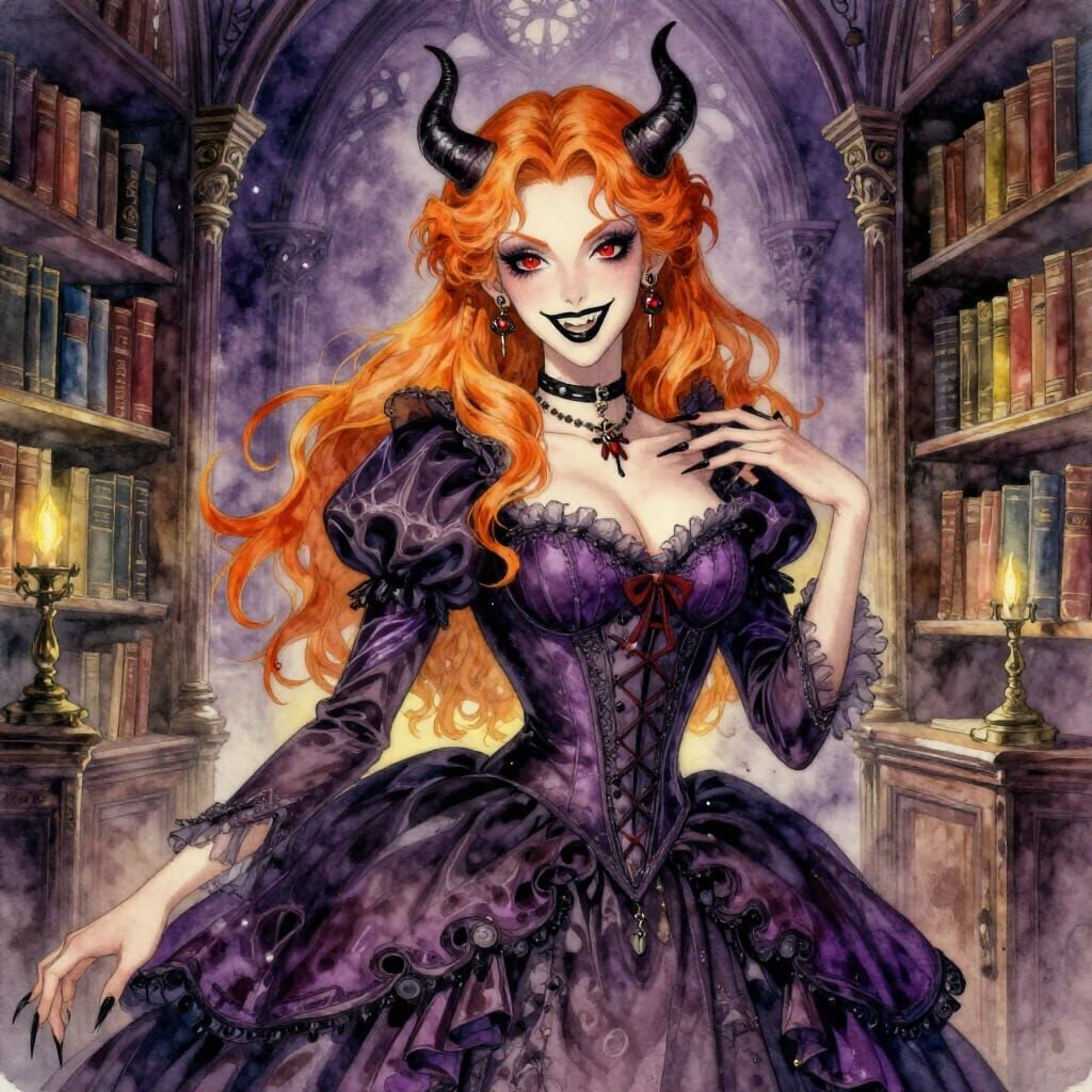 Gothic Demon in Library Watercolor Masterpiece