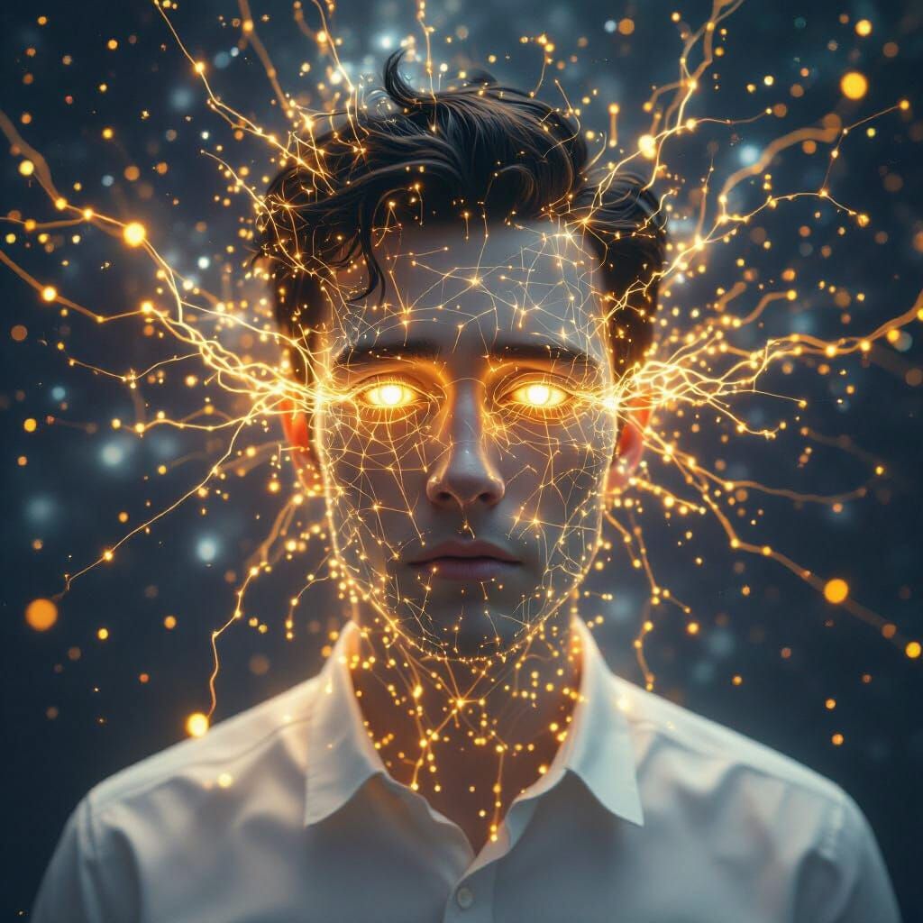 Human Face Dissolving into Digital Nebula