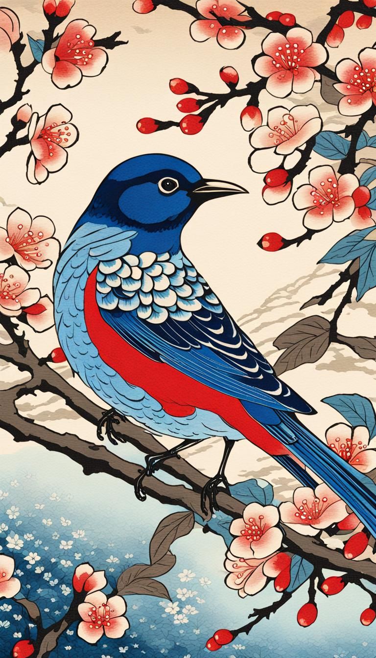 Ukiyo-e Woodblock Art: Blue Flower and Red Bird