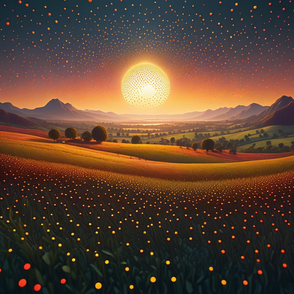 Pointillist Sunset Over Tranquil Countryside