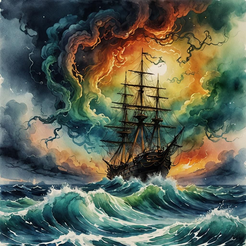 Kraken Emerges from Storm in Watercolor Style