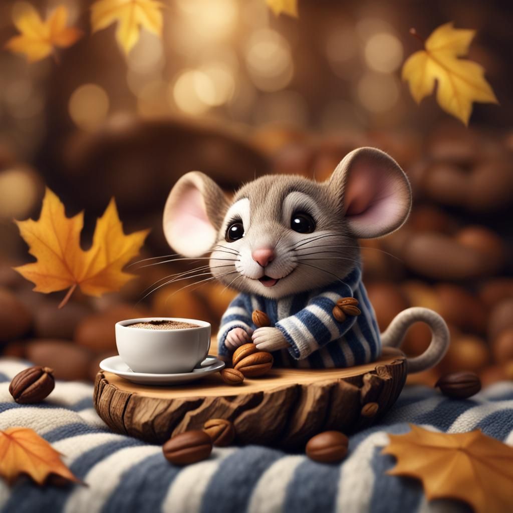Mouse in Pajamas with Coffee in Walnut Bed