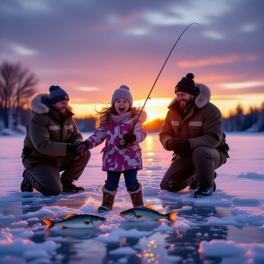 Family Ice Fishing at Sunset