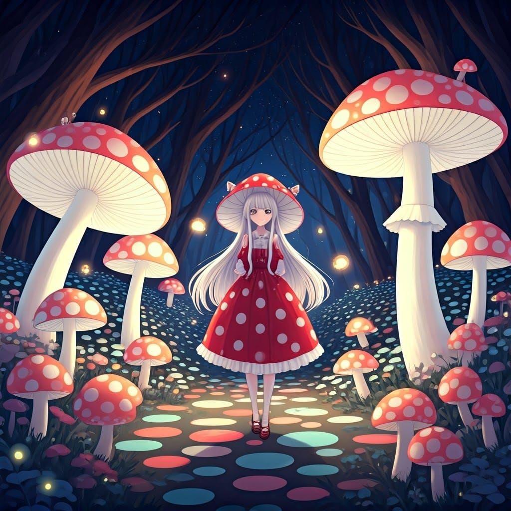 Polka Dot Mushroom Forest with Anime Goddess