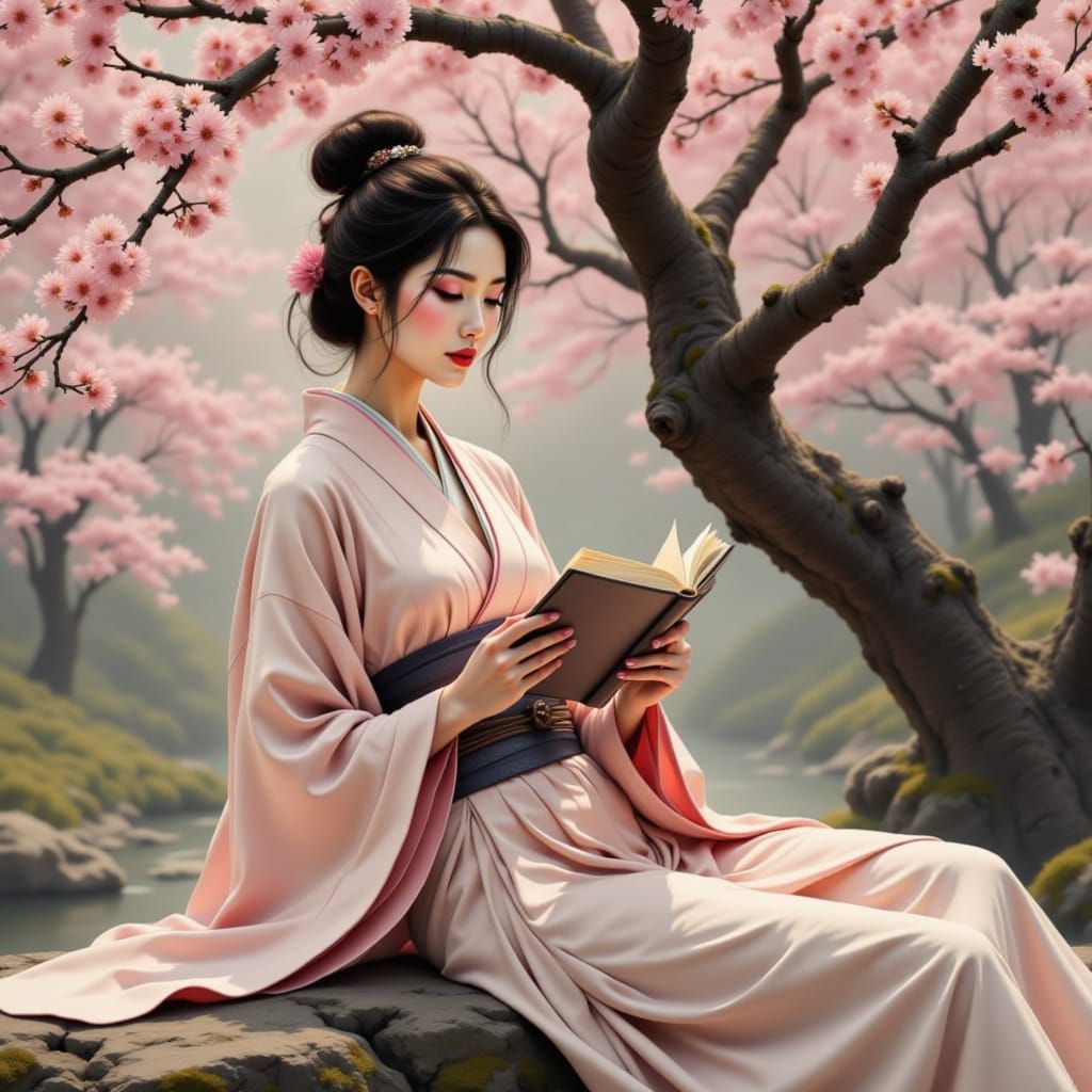 Japanese Warrior Woman Reading by Cherry Blossoms