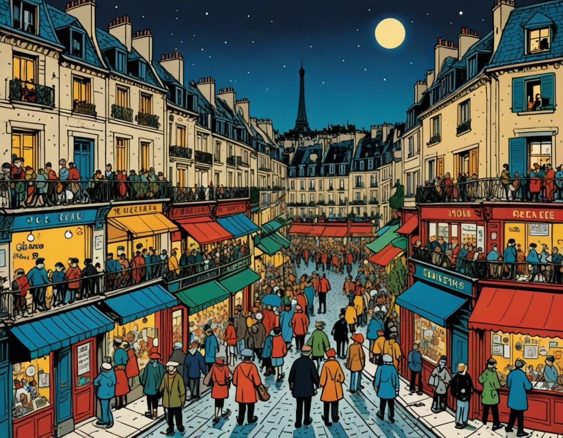 Parisian Nightlife in the Style of Tintin Comics
