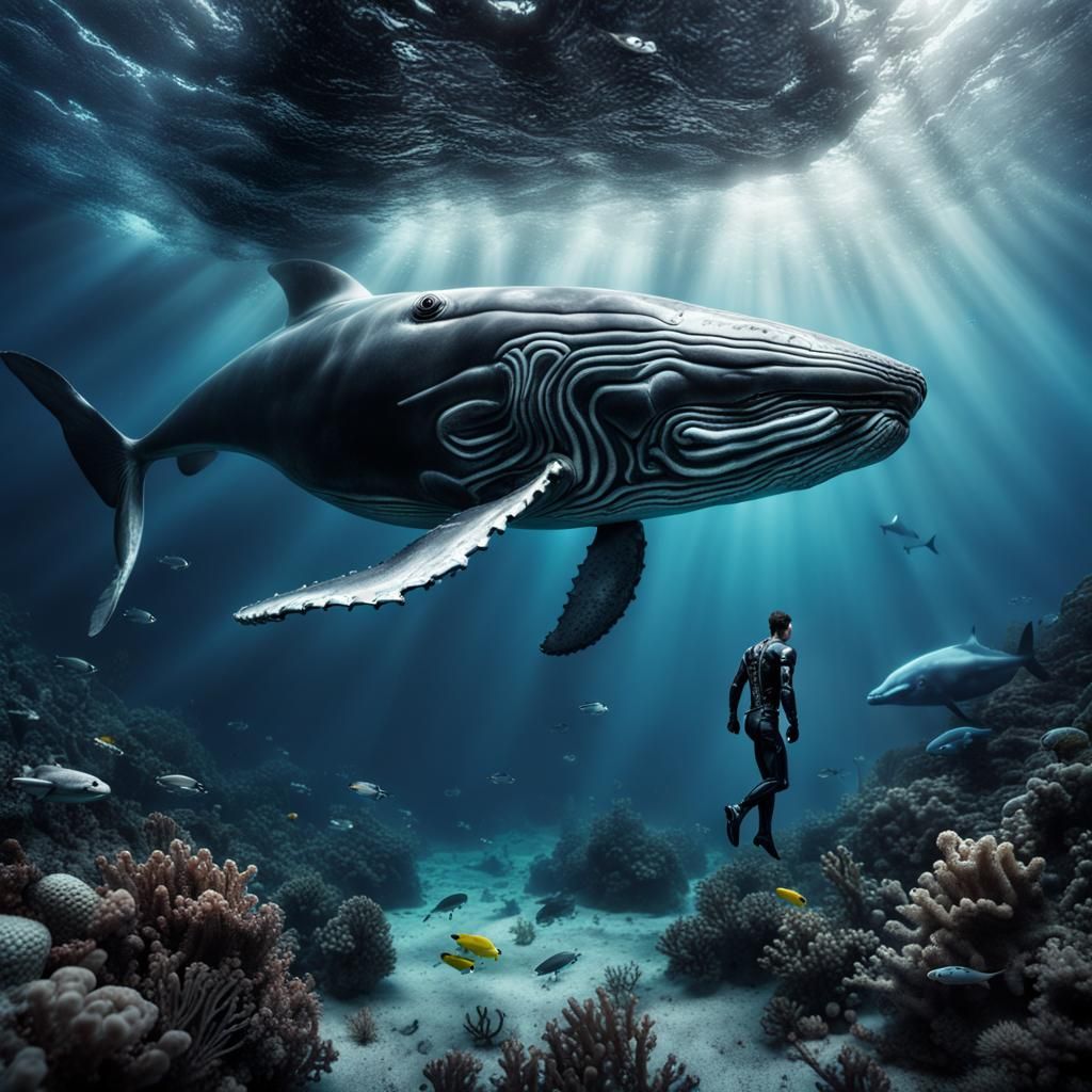 Terminator and Whale Underwater in Hyperrealistic Style