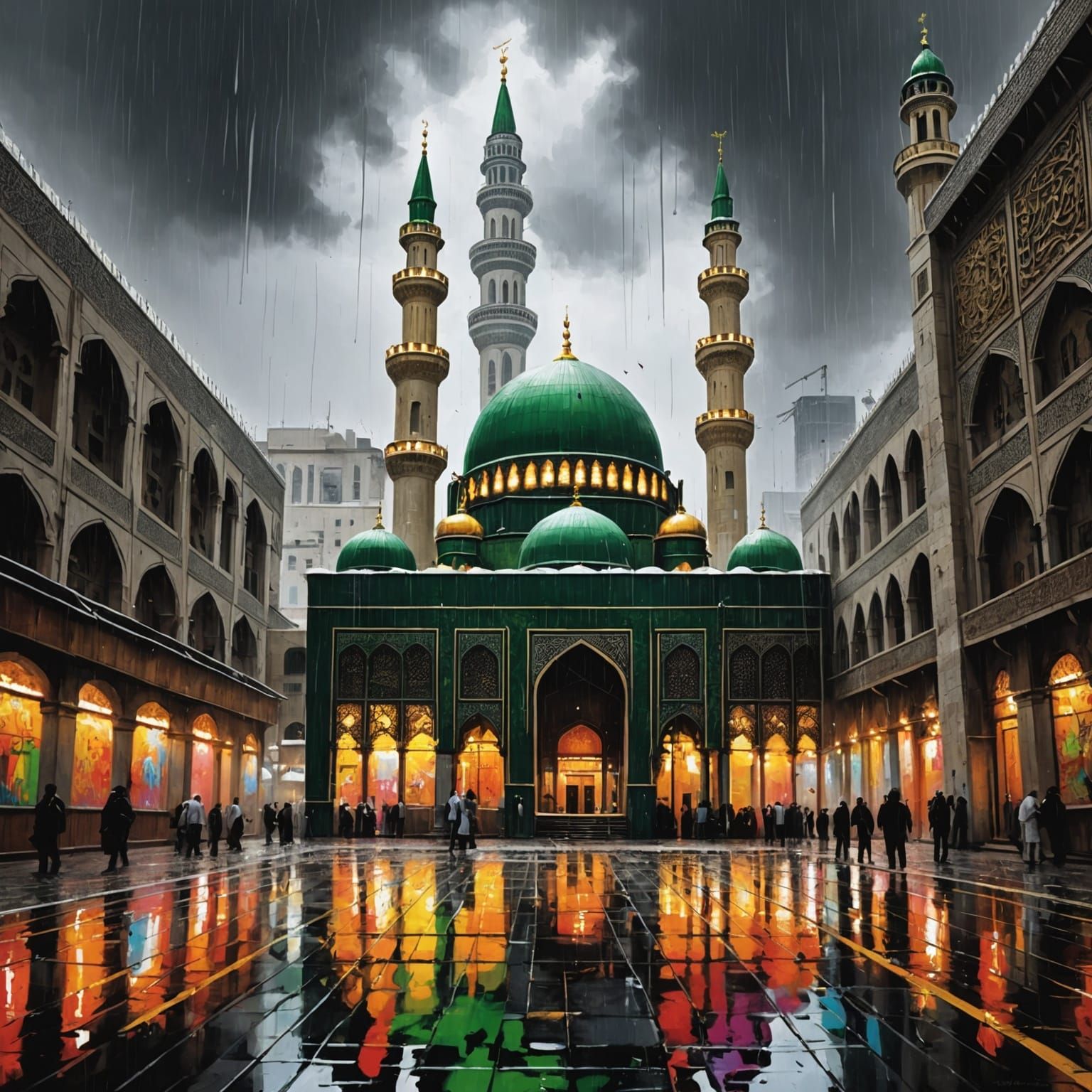 Masjid al-Haram in Rain: Graffiti Art Splash