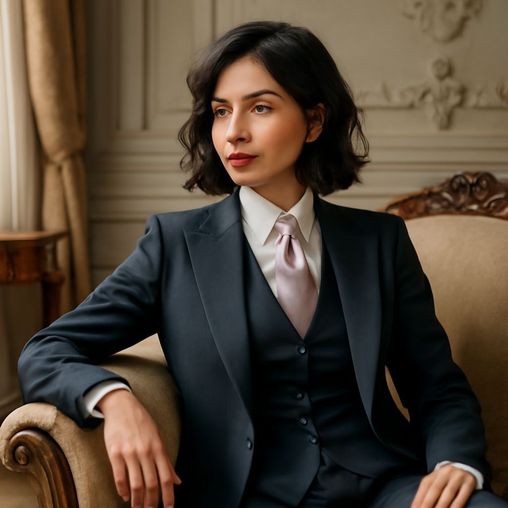 Elegant Woman in Charcoal Suit with Pink Tie