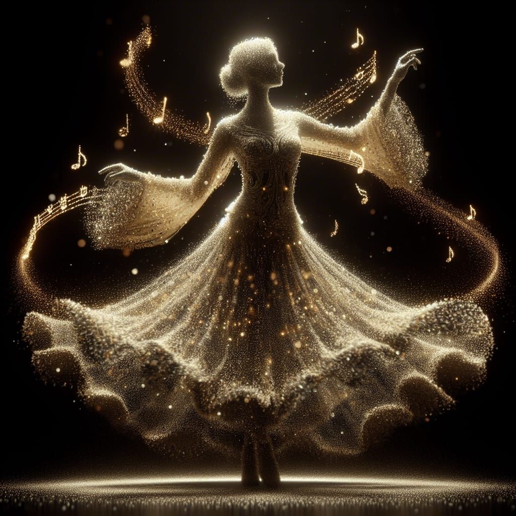 Ethereal Dancer in Golden Light, Hypermaximalist Style