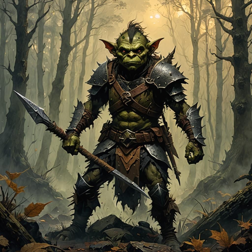 Goblin Warrior in Misty Forest, Dark Fantasy Art
