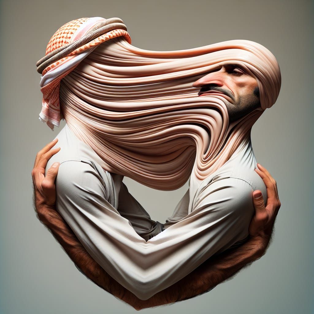 Surreal Portrait of Distorted Man Embracing Warped Object