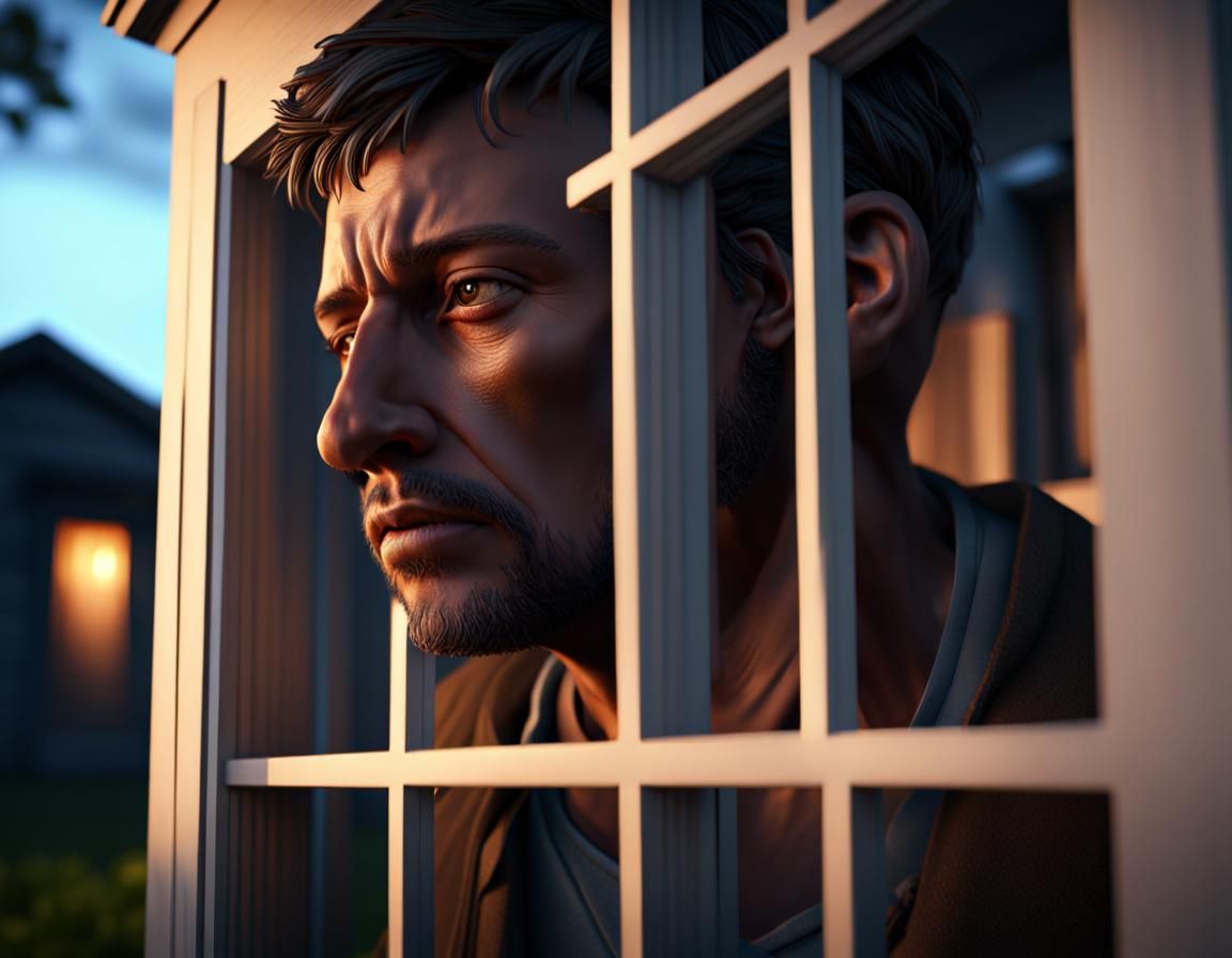 Sad Man Peering Through Window in Hyperdetailed Digital Art