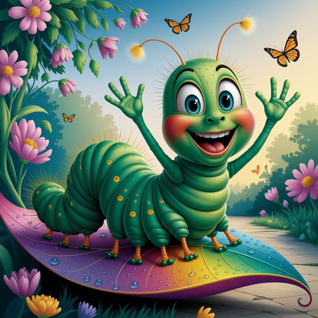 Cheerful Caterpillar Waving in Sunny Garden Illustration