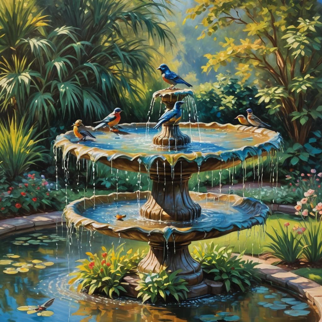 Bird Bath Fountain in Serene Garden, Impressionist Oil Paint...
