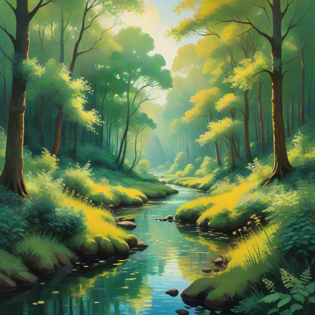 Vibrant Impasto Forest Bathed in Golden Sunset Light