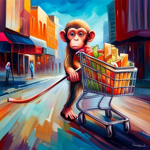 Monkey pushing a shopping cart full of food